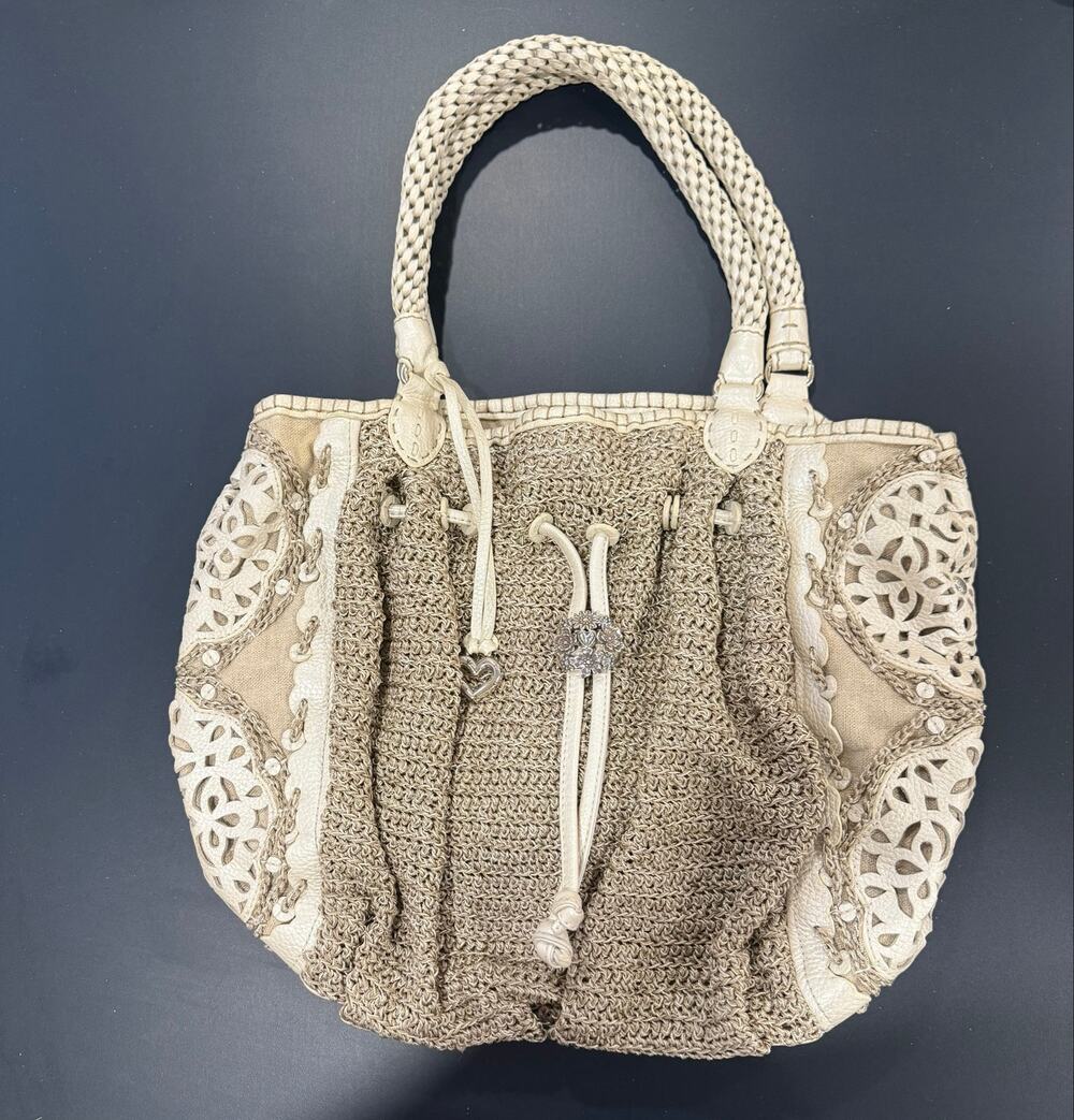 BRIGHTON IRAINA MASTERPIECE COLL. PEARL WHITE LEATHER LACE CROCHETED HANDBAG